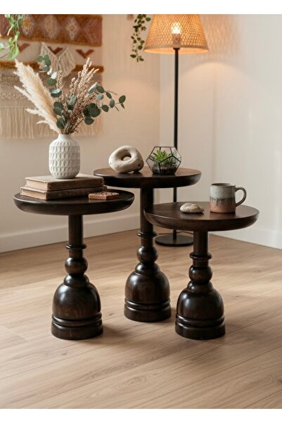 ASELYA HOME Doğal Ahşap 3’lü Set Mantar Yan Sehpa Modern Koyu Ceviz Fiskos Zi...