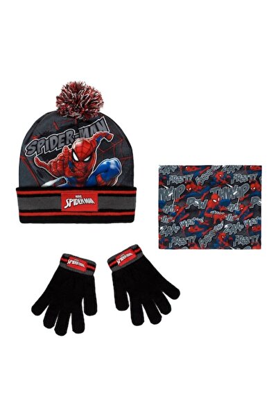OEM Set Winter Accessories for Boys - Spiderman, 3 Pieces (Fleece Hat, Fur Snood, Acrylic Gloves) Black/