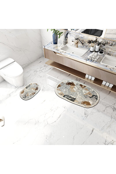 VibeHome Sanatsal Kahverengi-Gri-Beyaz 105x65 & 65x55 2 Parça Pamuklu Püsküll...