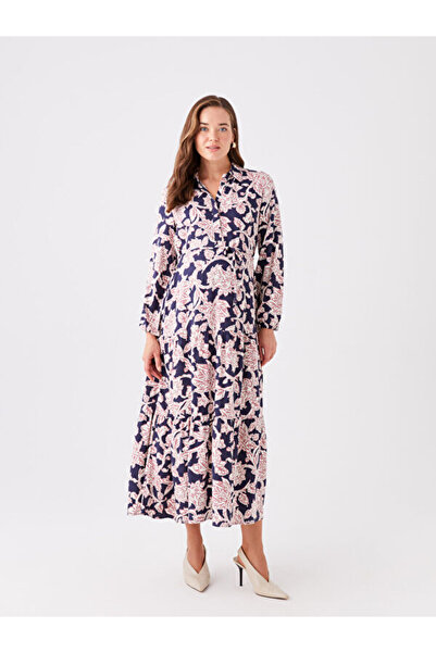 LC Waikiki Shirt Collar Patterned Long Sleeve Maternity Dress