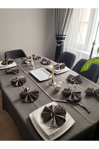 BRL ÇEYİZ HOME Colber Stripe Detailed Worry-Free Tablecloth Dinner Set for 12 People 26 Pieces - Table 160X220 - Smoked