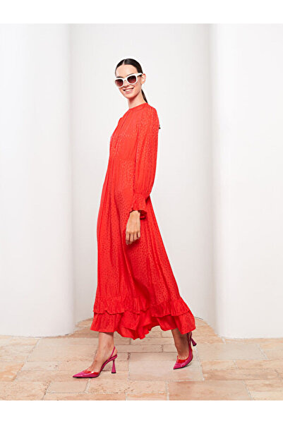 LC Waikiki Crew Neck Patterned Long Sleeve Satin Women's Dress