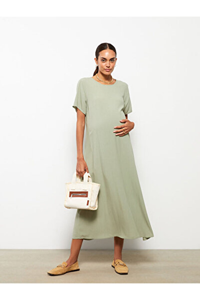 LC Waikiki Crew Neck Plain Short Sleeve Crinkle Maternity Dress
