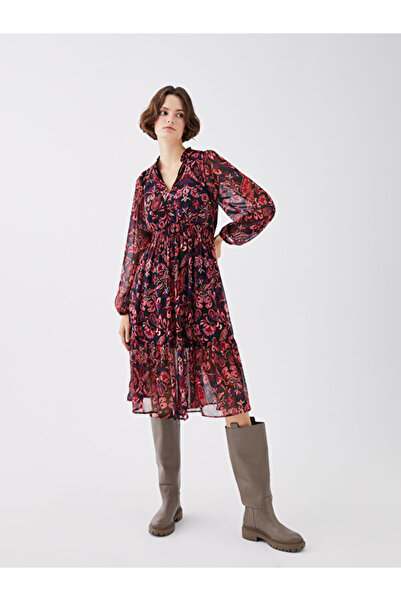 LC Waikiki V-Neck Patterned Long Sleeve Chiffon Dress