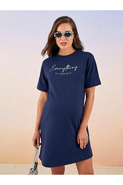 LC Waikiki طاقم الرقبة مطبوعة كم قصير فستان الأمومة