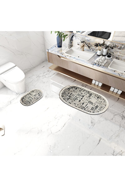 VibeHome Siyah-Beyaz Geometrik 105x65 & 65x55 2 Parça Pamuklu Püsküllü Yumuşa...