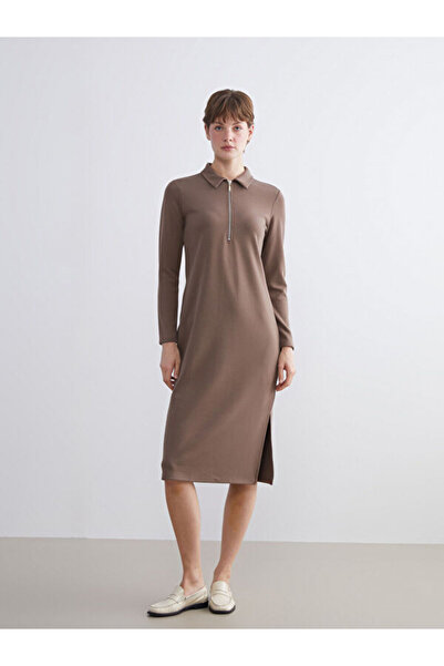 LC Waikiki Rmz Gi̇yi̇m Farkiyla Large Size Turn-Down Collar Slit Dress
