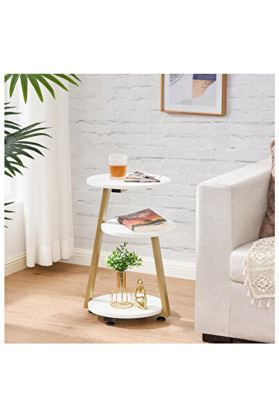 LAOBAN طاولة جانبية مستديرة مع إطار معدني، طاولة جانبية بجانب السرير مع 3 أرفف باللون الأبيض