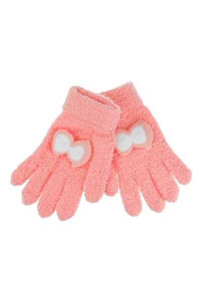 OEM Mănuși pufoase pentru copii, coral pastel, cu fundă 3D, set de 1 pereche