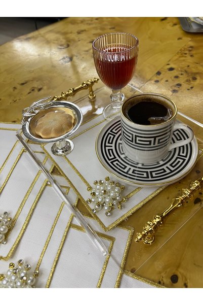 MİNOZA Set of 6 Embroidered Stain Resistant Linen Gardenia Fabric Cocktail & Coffee Side Presentation Napkins with Pearl Brooches
