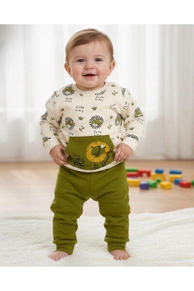 voyyo kids baby Baby Boy Lion Embroidered Winter 3-Thread Set Fleece-Lined 6-...