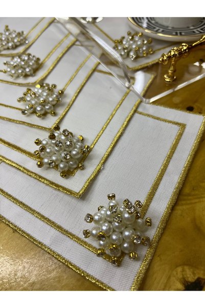 MİNOZA Set of 6 Embroidered Stain Resistant Linen Gardenia Fabric Cocktail & Coffee Side Presentation Napkins with Pearl Brooches