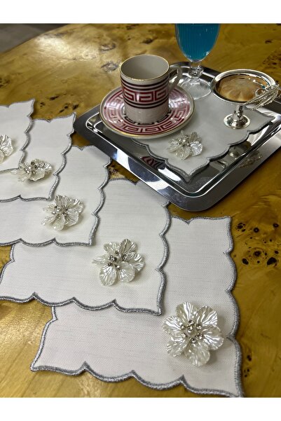 MİNOZA 6 Pieces of Gardenia Fabric Cocktail/Coffee Presentation Napkins with Floral Brooches and Edge Embroidery, Stain Resistant