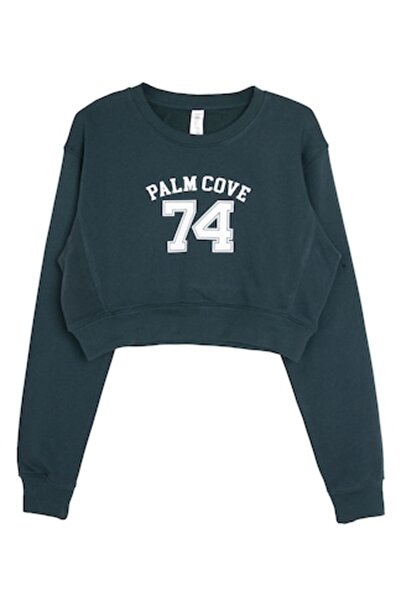 OEM Women's cropped hoodie, petrol, 'Palm Cove 74' print, fleece-lined, One Size