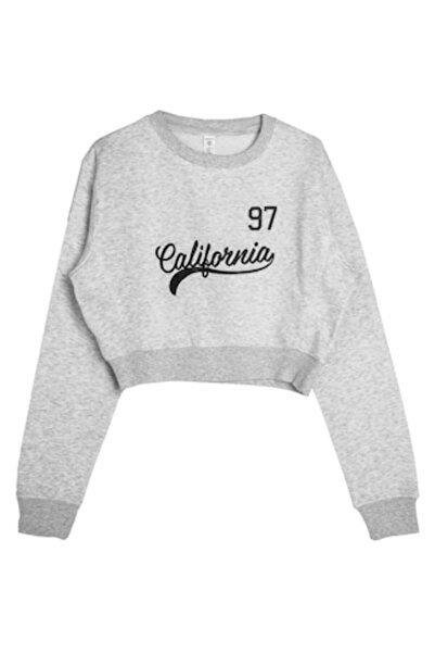 OEM Cropped women's sweatshirt, grey melange, fleece lining, 'California 97' print, One Size INTL