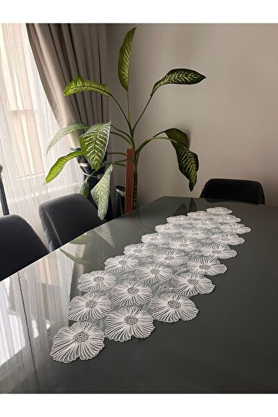 BRL ÇEYİZ HOME Fransız Dantelli Lüks Tül Güpürlü Şık Tek Runner 50x140 cm