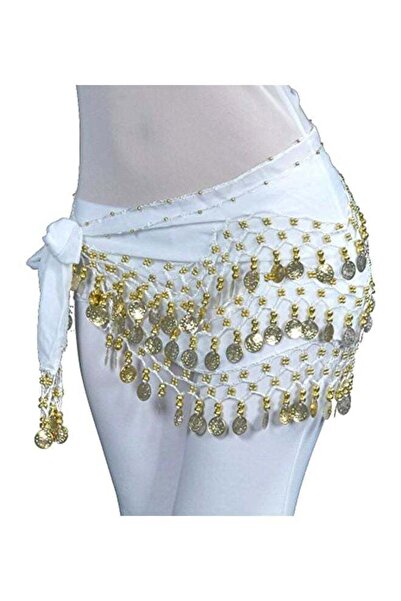 Genrics Chiffon hip belt for belly dance with dangling gold pieces - White/Go...
