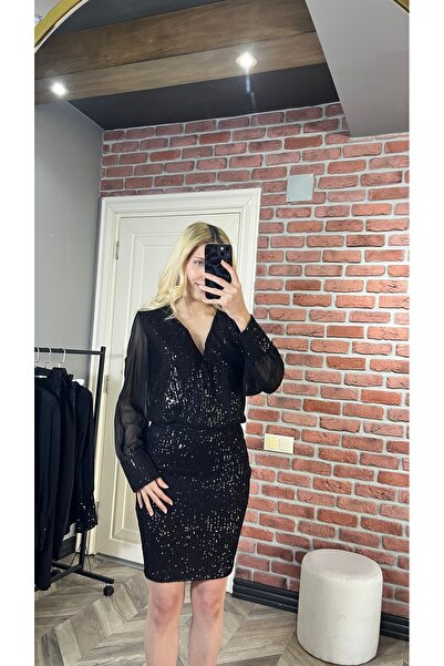 BRN Butik Kadın Siyah Payetli Mini Etek