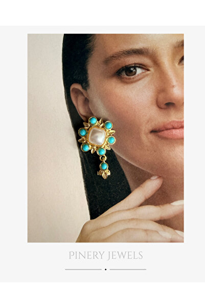 Pinery Jewels İncili Damla Firüze Taşlı Sallantılı Küpe Çifti