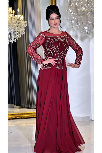 NHMODA فستان سهرة مطرز بالترتر من قماش الشيفون