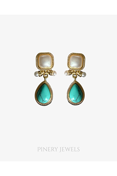 Pinery Jewels İncili Damla Firüze Taşlı Sallantılı Küpe Çifti