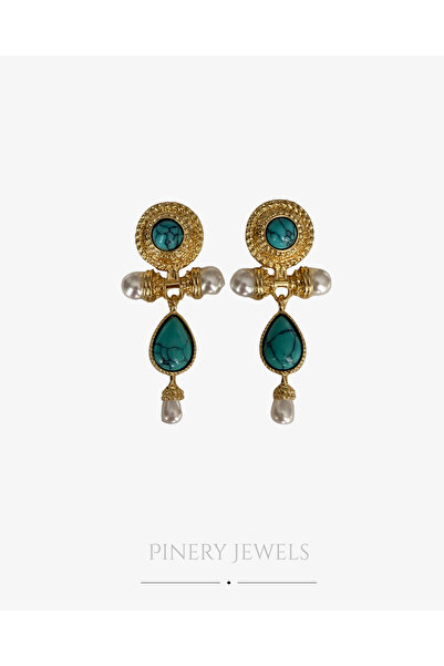 Pinery Jewels İncili Damla Firüze Taşlı Sallantılı Küpe Çifti