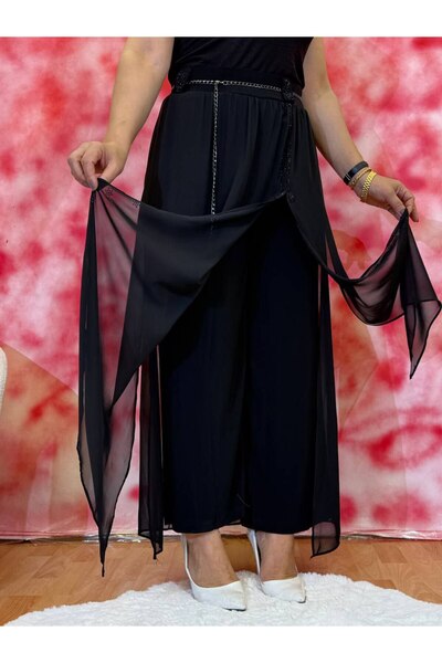 Yeşilmoda Pantolon Etek Takımı Zincir Kemerli Şifon Üstlü Pantolon Etek Takımı – Taş İşlemeli Şık Abiye Siyah