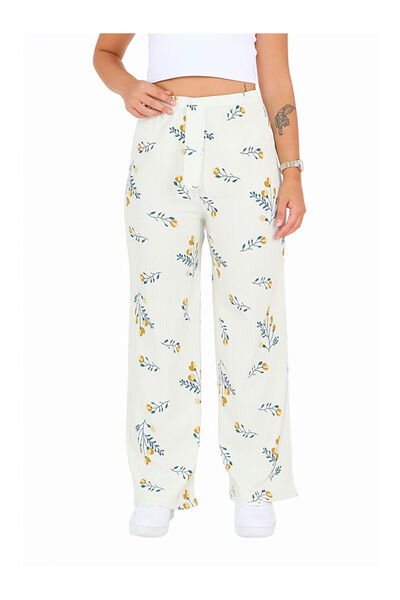 LC Waikiki Patterned Elastic Waist Wrinkled Trousers Ecru - 27684