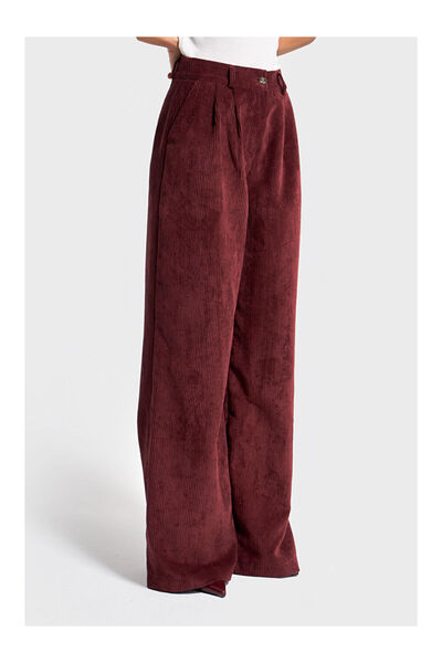 LC Waikiki Kadın Bordo Renk w5-35 Süper Palazzo Fit Pileli Kalın Fitilli Velv...