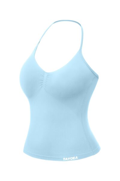 TAYOEA Top scurt pentru femei, cu decolteu în V și spate fără bretele, cu burete integrat – albastru deschis, mărimea L