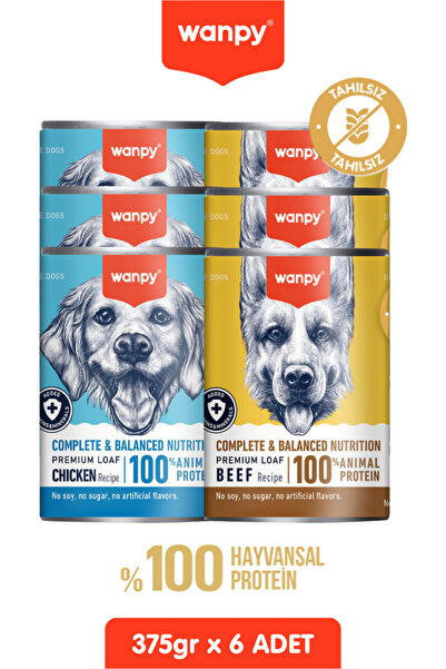 Wanpy 6 Adet Tahılsız Köpek %100 Gerçek Et Biftekli Ve Tavuklu Konserve Yaş M...