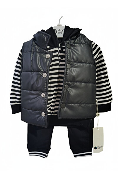 Hippıl Baby Erkek bebek şişme yelekli 3'lü takım %100 pamuklu alt üst ve şişme yelekli takım