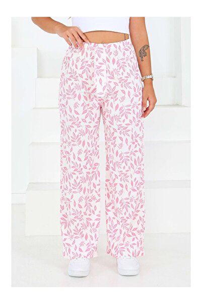 LC Waikiki Patterned Elastic Waist Wrinkled Pants Pink - 27678