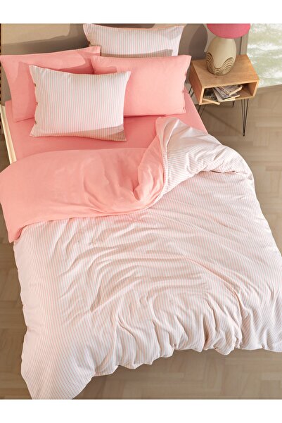 Cottonest Pamuk komada Prugasto Bračni Set navlaka za poplun – Losos i bela, ...