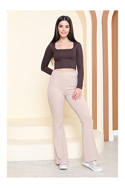LC Waikiki piped Flared Crepe Trousers Beige - 27623-Bej