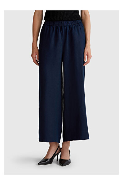 LC Waikiki Kadın Lacivert %100 Keten Beli Lastikli Bol Kısa Paça Pantolon