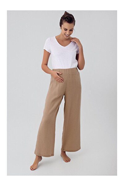 LC Waikiki Μπεζ Διπλής στρώσης Μουσελίνα Βαμβάκι τεμαχίων Παντελόνι εγκυμοσύν...