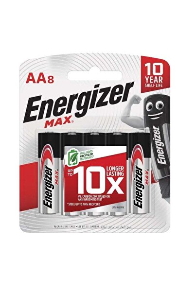 Energizer بطاريات ماكس القلوية AA - عبوة من 8 بطاريات فضية/سوداء