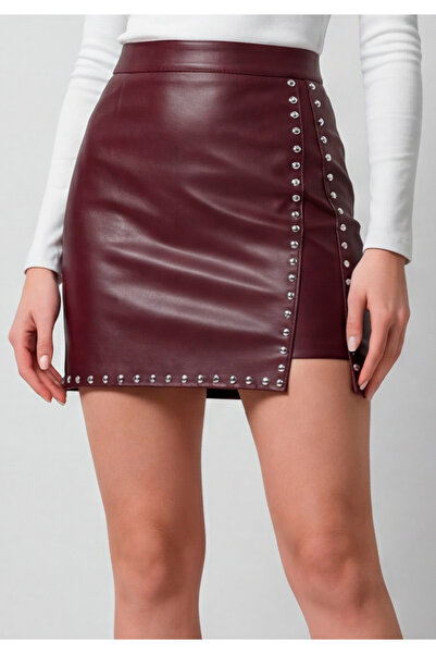 Little Visqon Yüksek Bel Gümüş Renk Trok Detaylı Deri Mini Etek