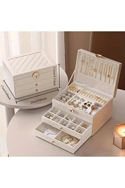 Saatistan Büyük 3 Katlı Modern Suni Deri Takı Organizer, Kilitli, Anahtarlı