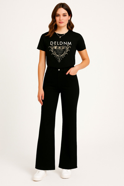 DELDNM Theo Black evazat Y talie înaltă L material elastic Pantaloni din deni...