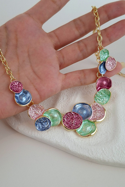 Norevia Multi-Colored Matte Enamel Plated, Cluster Necklace with Hammered Dis...