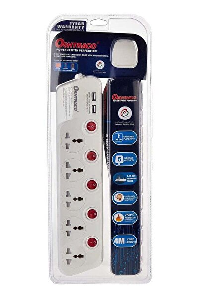 Oshtraco سلك تمديد بمفتاح خماسي الاتجاهات بطول 4 أمتار مزود بمنفذ USB بقوة 2....