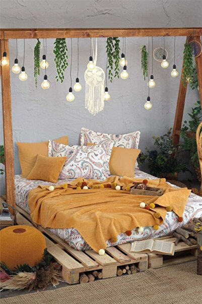 BOHO CHIC - Battaniye Nevresim Seti - Ponponlu - Çift Kişilik - LİLA