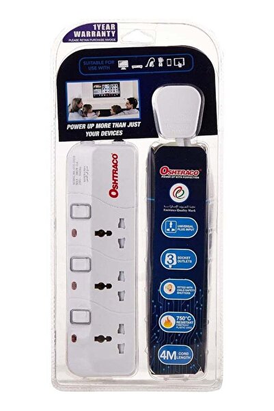 Oshtraco OTC3313S-4M 3 Way Universal Extension Socket with 4 Meter Cord