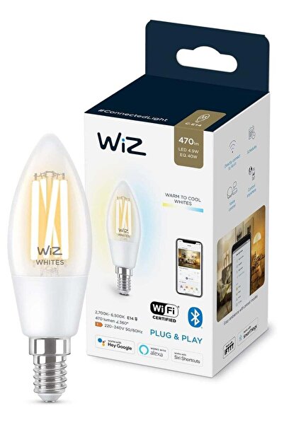 Wiz Smart Filament Candle Bulb C35 E14 Tunable White Wi-Fi Compatible with Google Assistant, Alexa a