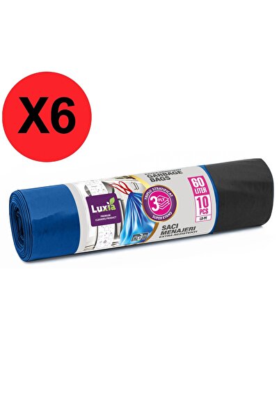 Luxia Set de 6 role saci de gunoi triplu strat cu șnur de 60 L, 10 buc/rolă, ...