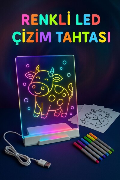 Saatistan LED Işıklı Çizim ve Boyama Tahtası, Stand ve 6 Kalem Hediyeli