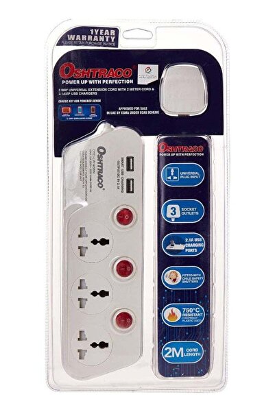 Oshtraco سلك تمديد ثلاثي الاتجاهات مع سلك بطول مترين ومنفذ USB بقوة 2.1 أمبير