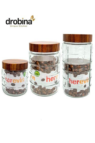 drobina Wooden Glass Jar Set (1 - 1.5 - 2 Liter)
